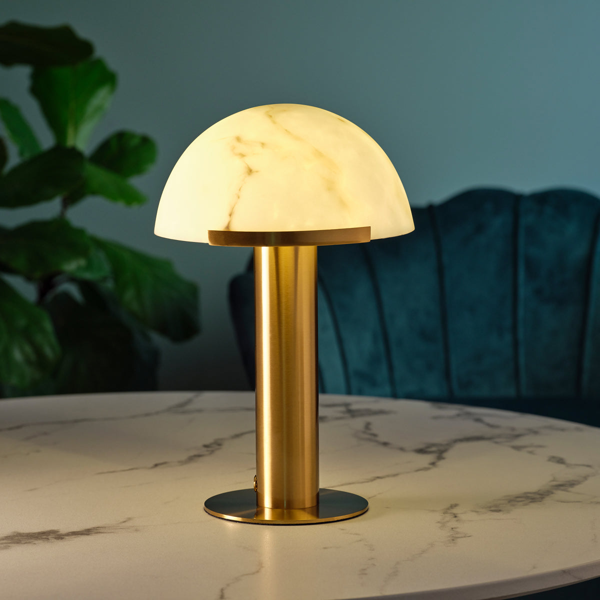 1000210 Tablekraft Phoebe Cordless LED Table Lamp Brass with Alabaster Shade 300x420mm Tomkin Australia Hospitality Supplies