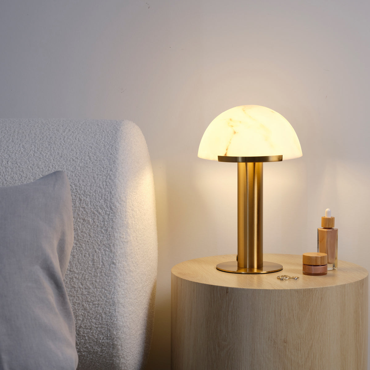 1000210 Tablekraft Phoebe Cordless LED Table Lamp Brass with Alabaster Shade 300x420mm Tomkin Australia Hospitality Supplies