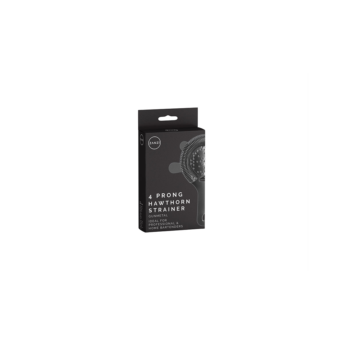 Z0304 Zanzi 4 Prong Hawthorn Strainer with Flat Handle Gunmetal Packaging Tomkin Australia Hospitality Supplies