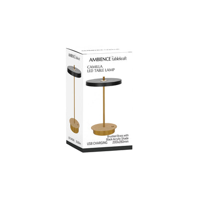 1000205 Tablekraft Camilla Cordless LED Table Lamp Brass Black 200x280mm Tomkin Australia Hospitality Supplies