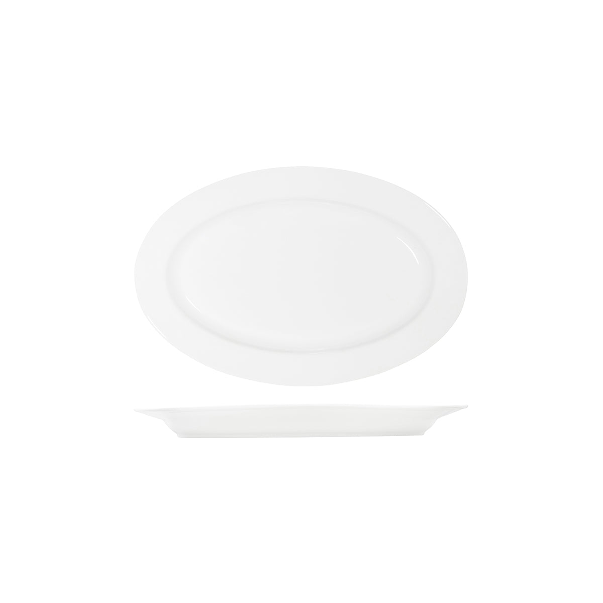 91034 Tablekraft Core White Oval Wide Rim Platter 355x240mm Tomkin Australia Hospitality Supplies