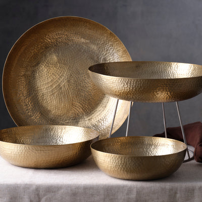 Round Serving / Seafood Bowl Hammered Brass 400x80mm / 8.0L