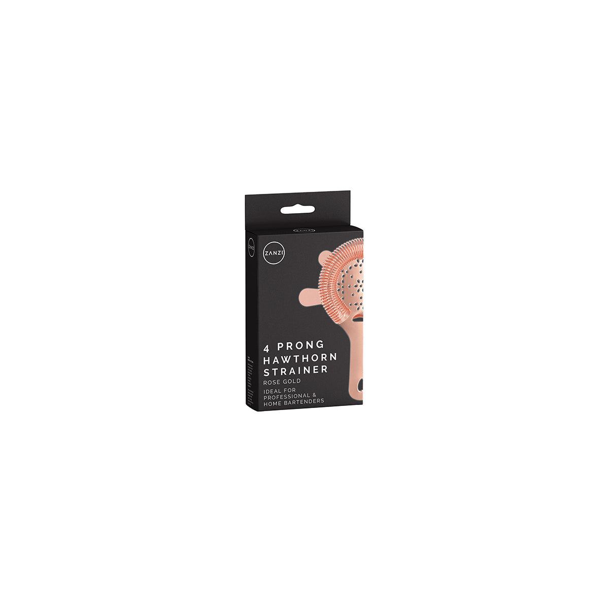 Z0302 Zanzi 4 Prong Hawthorn Strainer with Flat Handle Rose Gold Packaging Tomkin Australia Hospitality Supplies